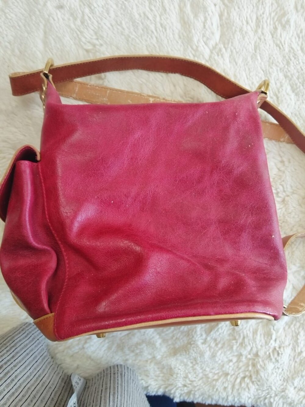 Vintage VALENTINA Italy Genuine Leather Handbag Burgundy & Cognac Brown - Picture 3 of 14